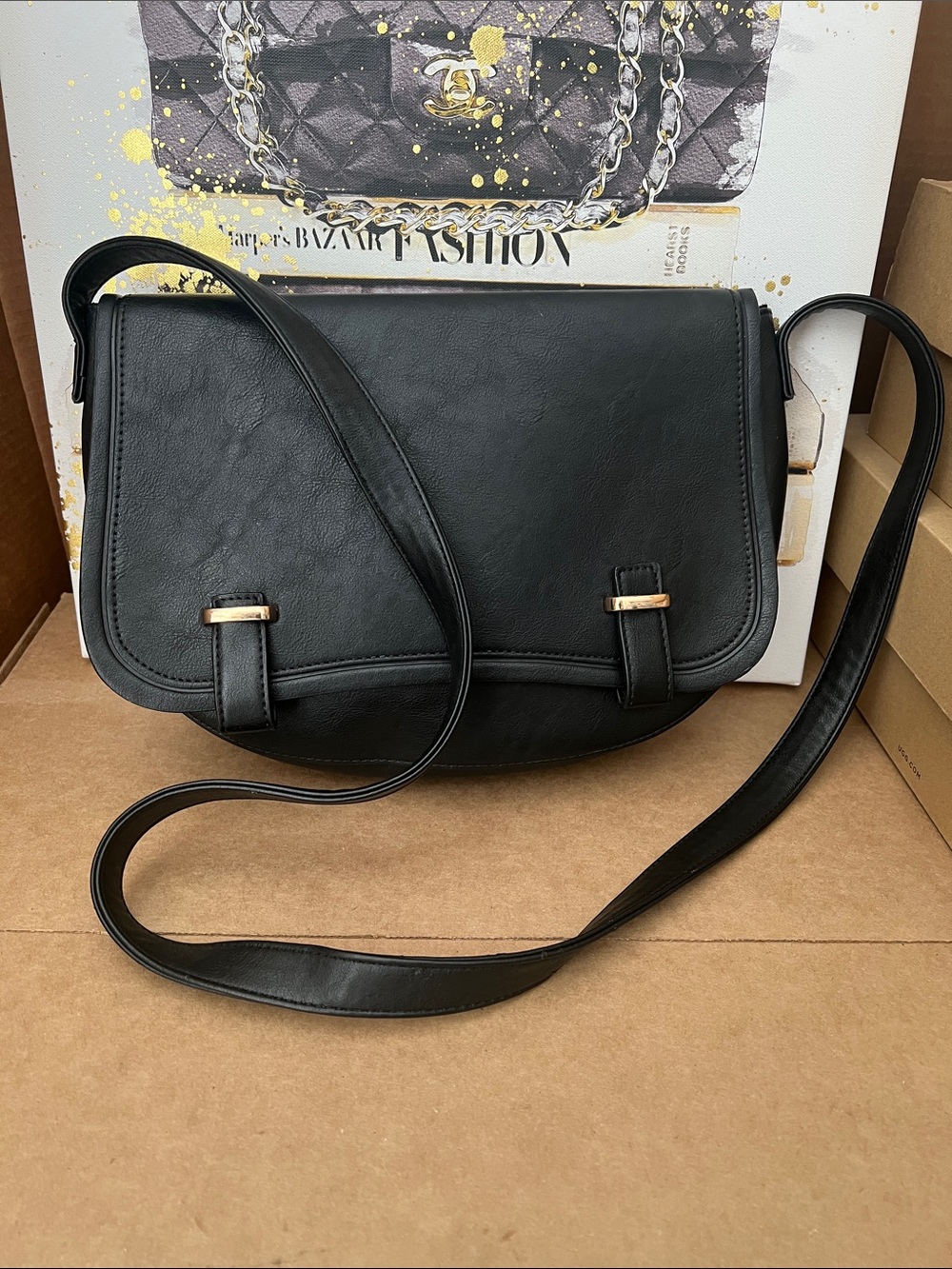 Joe-boxer Faux Leather Cross Body Bag. Vegan Satchel w/Gold Colored Hardware